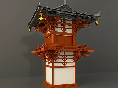 Ancient Chinese Pagoda Architecture with Red Wooden Frames White Walls Black Roof and Yellow Lanterns 3d model