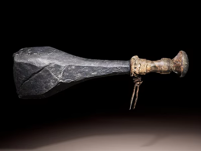 Ancient Stone Axe Weapon With Wrapped Rope Handle And Metal Decorative Pendant 3d model