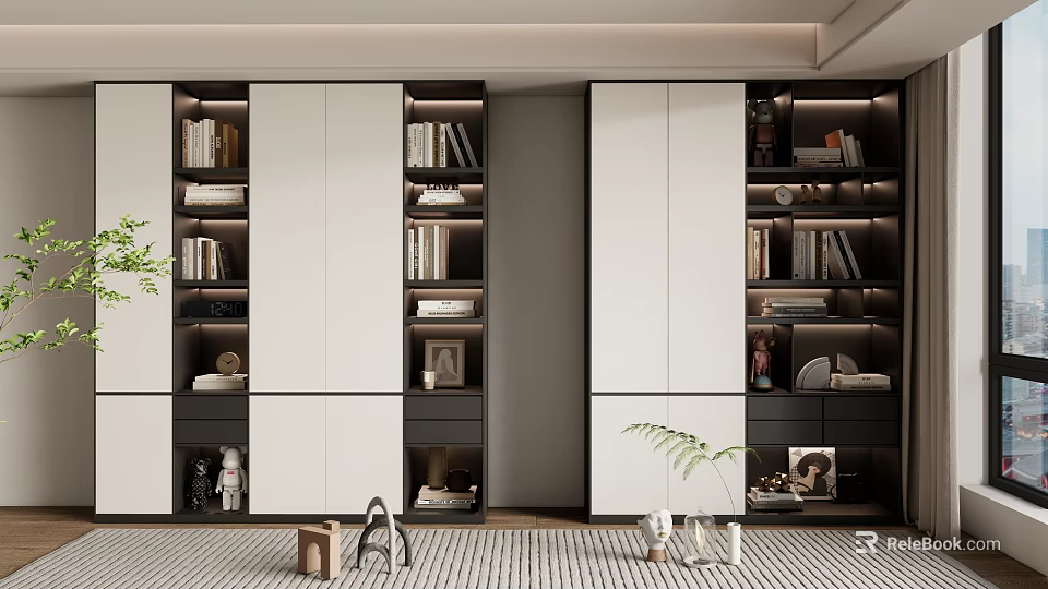 Modern White Black Bookshelf Design With Multiple Shelves Books Decorations And Plants 3d model 
