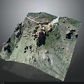 Architectural Structure in 3D Terrain Model with Mountains Green Areas and Roads