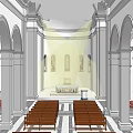 Religious Worship Space Featuring Church Interior With Arched Columns Wooden Benches And Altar