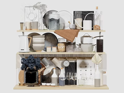 Organized Kitchenware Display on Wooden Shelf with Mugs Plates Pots Vases and Wine Glasses 3d model