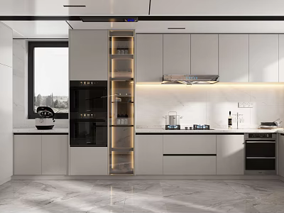 Modern Kitchen Interior Design With White Cabinets Marble Countertops Open Shelving And Appliances 3d model
