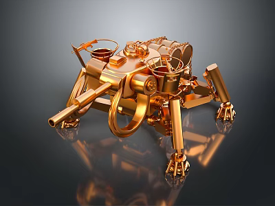 Golden Sci Fi Mechanical Game Movie Character With Multiple Arms And Leg Structure 3d model