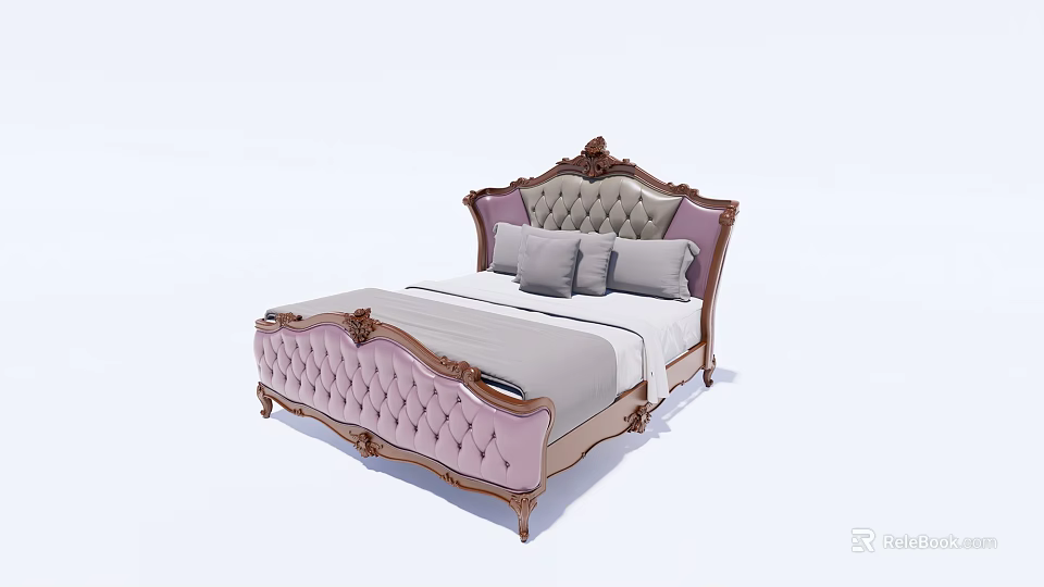 Luxurious Classic Double Bed With Tufted Pink Headboard Ornate Frame And Pillows 3d model 
