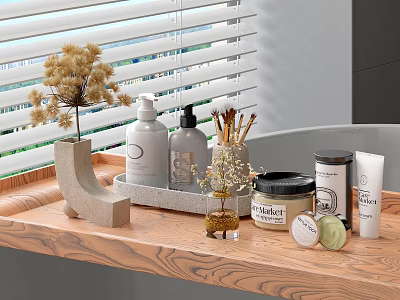 Elegant Cosmetics And Perfume Display On Wooden Tray With Brushes And Plants 3d model
