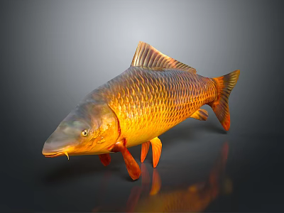 Golden Carp With Orange Fins And Tail Shiny Scales On Dark Background With Reflection 3d model