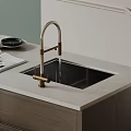 Brass Kitchen Faucet with Black Sink on Light Countertop and Magazines Modern Style