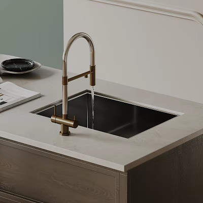 Brass Kitchen Faucet with Black Sink on Light Countertop and Magazines Modern Style 3d model
