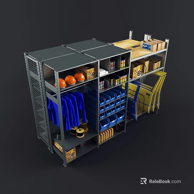 Modern Display Shelves With Blue Storage Boxes Orange Balls Blue Clothes And Yellow Baskets 3d model 
