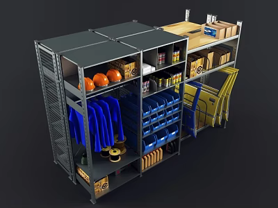 Modern Display Shelves With Blue Storage Boxes Orange Balls Blue Clothes And Yellow Baskets 3d model