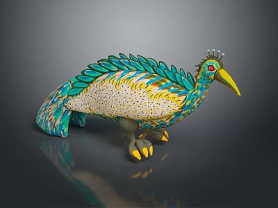 Flying Animal Bird Sculpture With Green Feathers Yellow Beak And Ornate Colorful Design 3d model