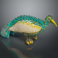 Flying Animal Bird Sculpture With Green Feathers Yellow Beak And Ornate Colorful Design