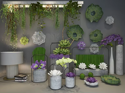 Beautiful Vase And Floral Display With Green Plants Succulents And Decorative Leaves 3d model