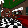 KTV Interior With Red Sofas Black And White Checkered Floor TVs Dartboard And Decorative Lamps