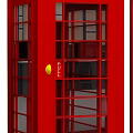 Classic Red Public Telephone Booth With Glass Panels And Yellow Button