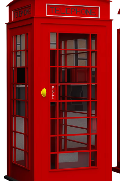 Classic Red Public Telephone Booth With Glass Panels And Yellow Button 3d model