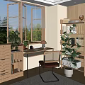Bright Study Room Interior With Window Blinds Wooden Desk Wicker Chair Bookshelf And Potted Plants