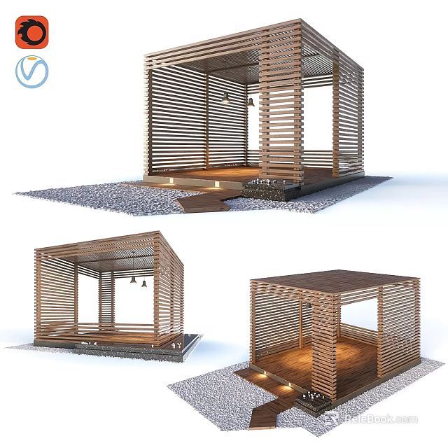 Elegant Wooden Garden Ornament With Slatted Design Lighting And Gravel Base 3d model 