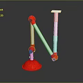 Red And White Game Movie Character With Flexible Mechanical Arm Joints Plastic Base Dark Background