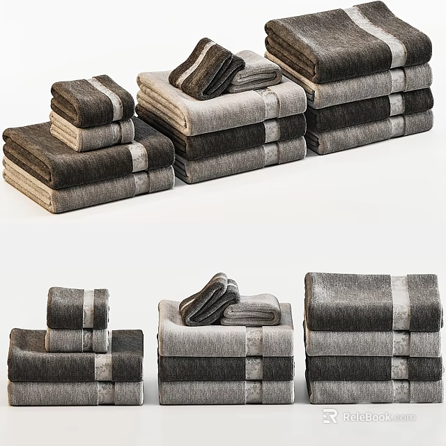 Soft Gray Cotton Bath Towels Stacked In Neat Piles With Hand Towels 3d model 