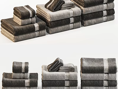 Soft Gray Cotton Bath Towels Stacked In Neat Piles With Hand Towels 3d model
