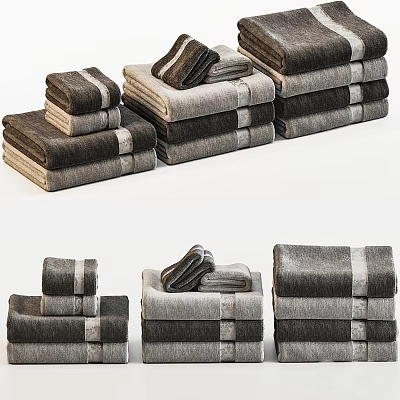Soft Gray Cotton Bath Towels Stacked In Neat Piles With Hand Towels 3d model