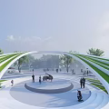 Contemporary Park Landscape Featuring Curved Roof Structure Glass Facades Trees And Pedestrian Walkways