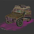 Vintage Off-road Vehicle with Muddy Exterior Shark Teeth Decal and Roof Rack Luggage