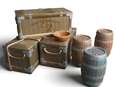 Rustic Vintage Storage Trunks Stacked With Decorative Barrels And Wicker Basket 3d model