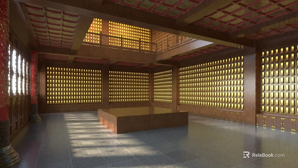 Religious Faith Worship Hall Interior With Wooden Structure Lattice Windows And Central Platform 3d model 