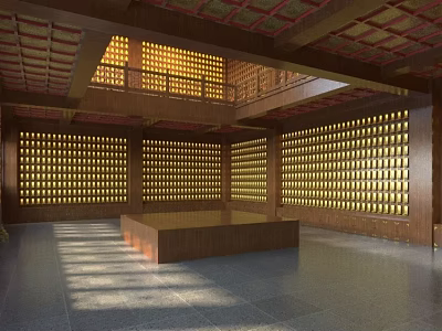 Religious Faith Worship Hall Interior With Wooden Structure Lattice Windows And Central Platform 3d model