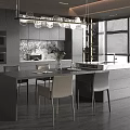 Modern Kitchen Interior With Open Design Dining Table Chairs Pendant Lights And Cabinets 3d model