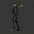 Tattooed Cyberpunk Game Character Wearing Black Leather Jacket With Large Gun And Green Blue Accents