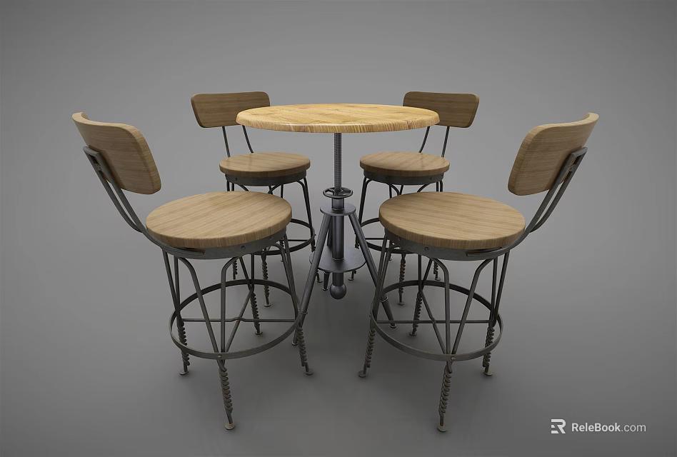 Rustic Bar Table Setup With Round Wooden Top And Metal Frame Stools 3d model