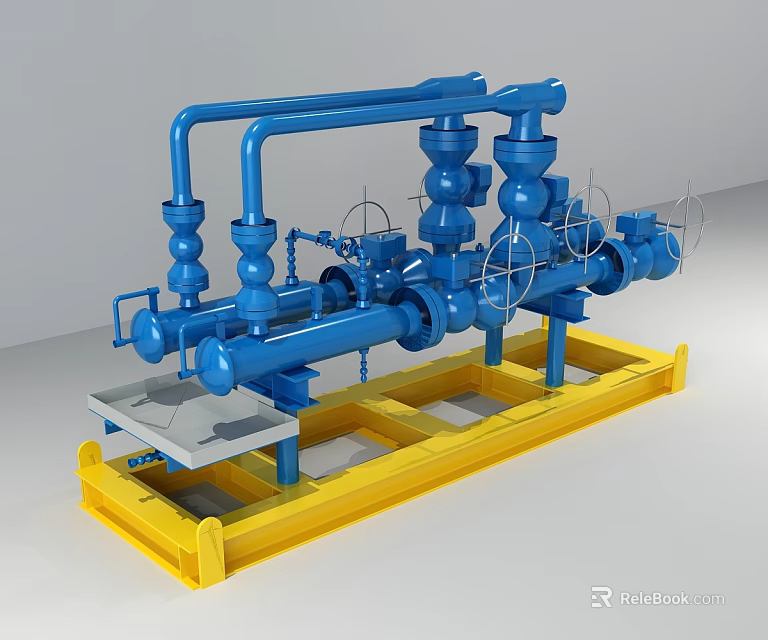 Industrial Equipment With Blue Pipes Valves And Yellow Base Frame 3d model 
