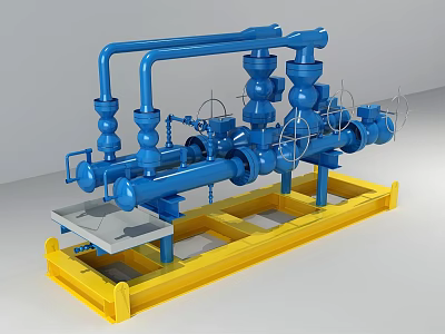 Industrial Equipment With Blue Pipes Valves And Yellow Base Frame 3d model