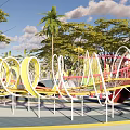 Outdoor Playground Equipment With Colorful Climbing Nets Slides Green Lawn And Trees For Children