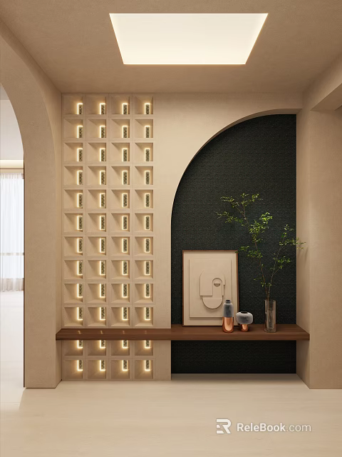 Stylish Entryway Hallway With Lighted Grid Wall Dark Accent Wall And Wooden Shelf Green Decor 3d model 