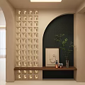 Stylish Entryway Hallway With Lighted Grid Wall Dark Accent Wall And Wooden Shelf Green Decor