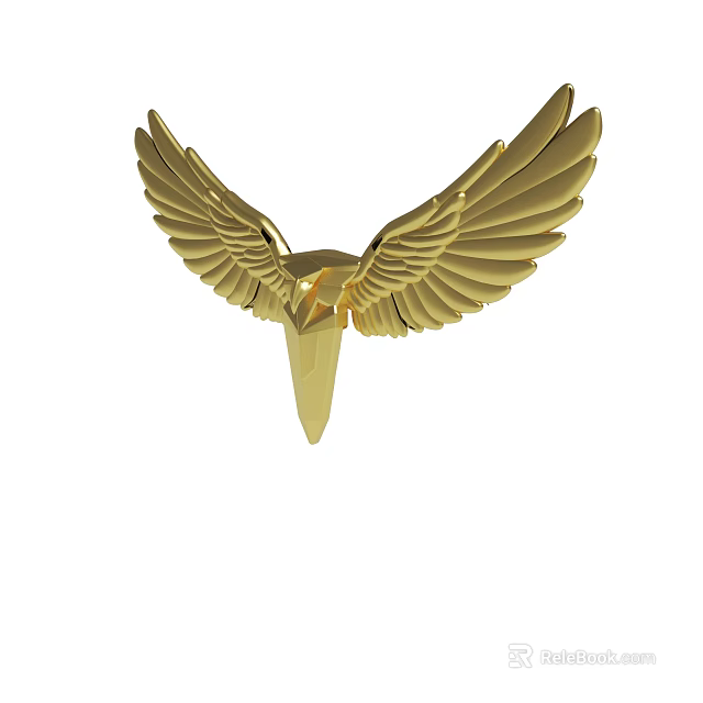 Ornate Golden Winged Emblem Featuring Detailed Feathers and Sharp Pointed Base 3d model 