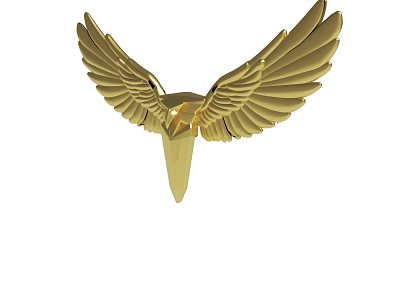 Ornate Golden Winged Emblem Featuring Detailed Feathers and Sharp Pointed Base 3d model