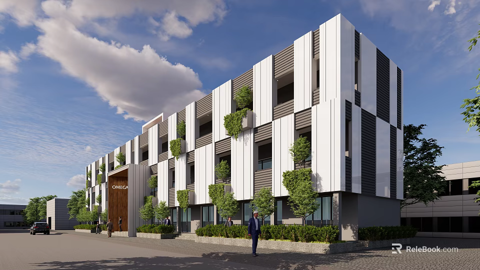 Modern Office Building With White Black Exterior Vertical Strips Green Plants And Large Windows 3d model 