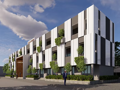 Modern Office Building With White Black Exterior Vertical Strips Green Plants And Large Windows 3d model