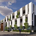 Modern Office Building With White Black Exterior Vertical Strips Green Plants And Large Windows