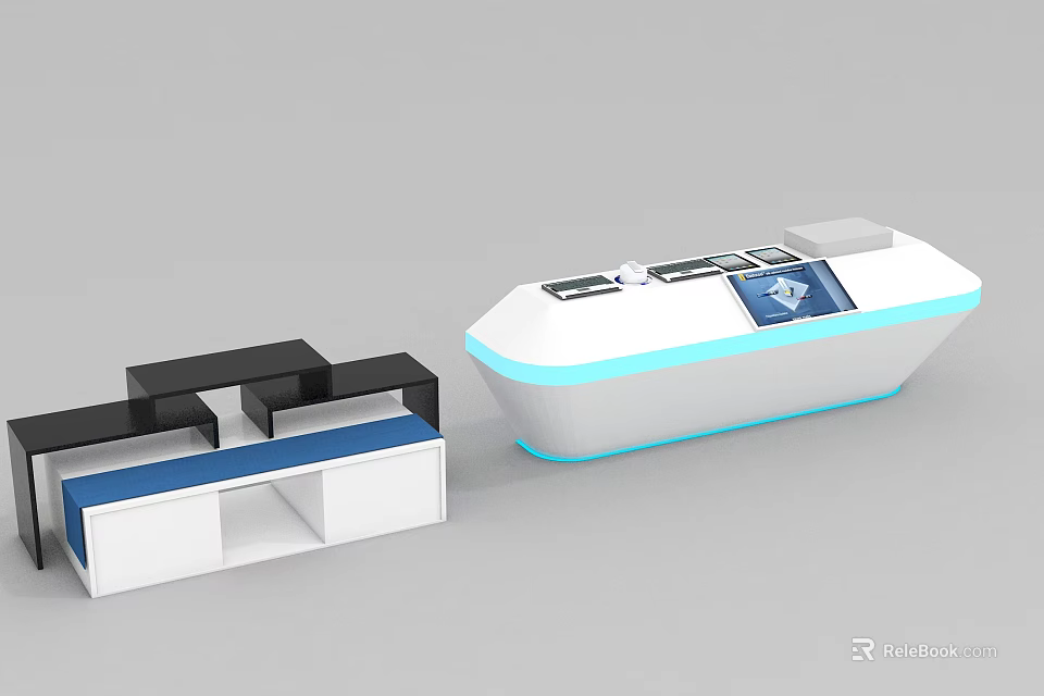 Modern Retail Display Shelves with Blue White Design and Functional Counter Setup 3d model 