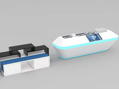Modern Retail Display Shelves with Blue White Design and Functional Counter Setup 3d model