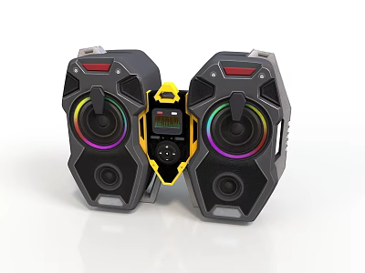 Modern Black And Yellow Electronic Speakers With Colorful Ring Lights And Central Control Panel 3d model