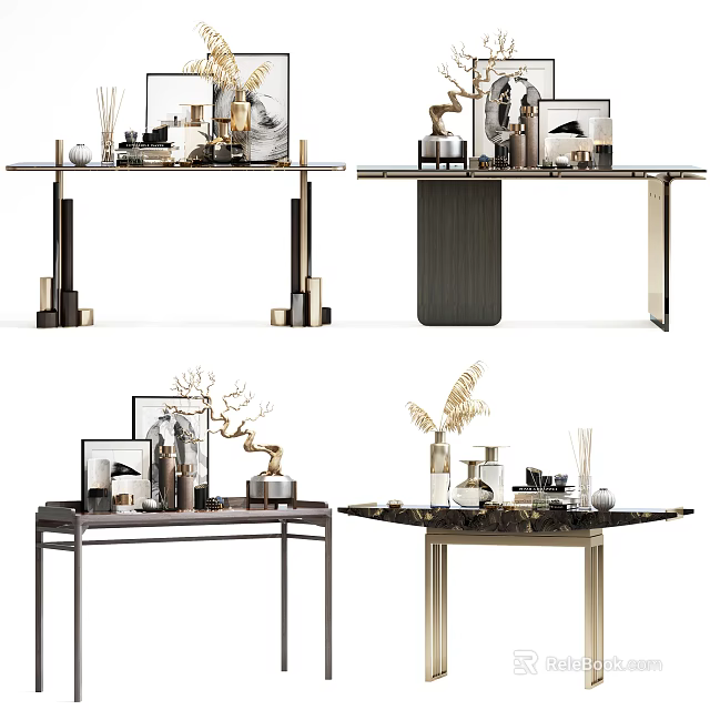 Modern Console Table Design With Decorative Vases Sculptures And Metal Frames 3d model