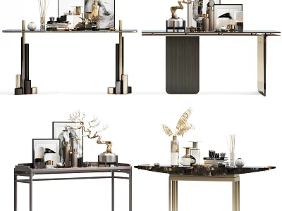 Modern Console Table Design With Decorative Vases Sculptures And Metal Frames 3d model